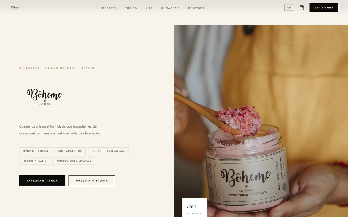 Página de inicio de la tienda Bohème Naturals