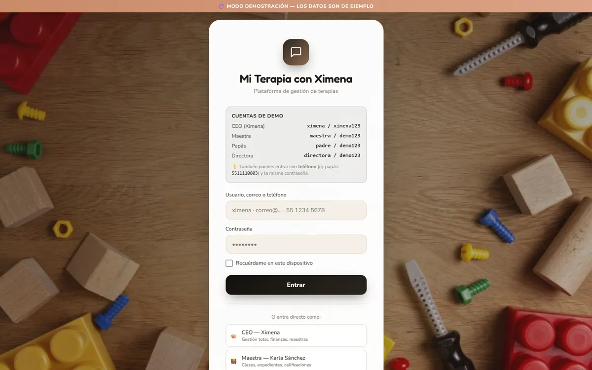 Pantalla de acceso de la plataforma Mi Terapia con Ximena